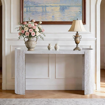 53" Console Table for Entryway, Narrow Sofa Entrance Table with Faux Mars Marble Pattern, Modern Sofa Tables with Round Raised Edge Design for Living Room, Hallway, Foyer, Home Office, Beige