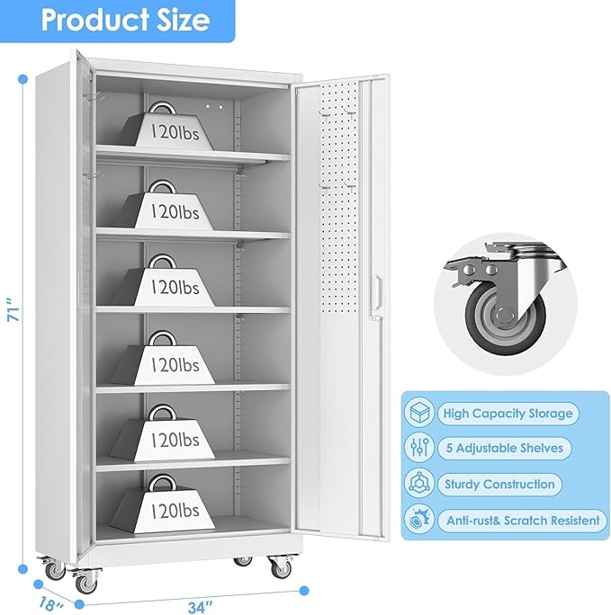 Garage Storage Cabinet with Wheels and Pegboard, Metal Storage Cabinet with 5 Adjustable Shelves for Garage Warehouse Office Utility Room,Required Assembly,71" H×34" W×18" D,White