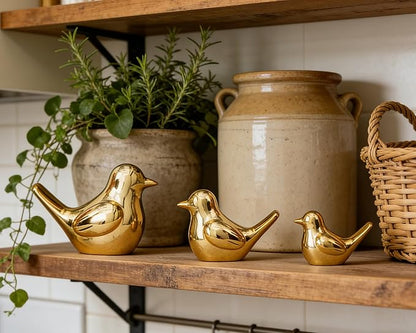 Artconal Small Gold Bird Statue Ceramic 2-Piece Set, 3¾ inch Cute Knick Knack for Home Office Shelf Desk Decor