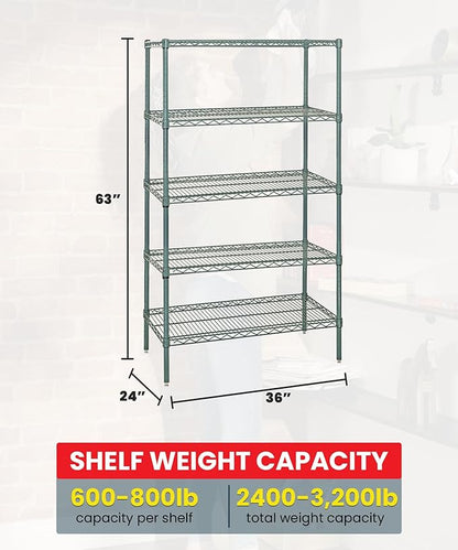 Quantum Storage Systems WR63-2436P-5 Wire Shelving Starter Kit, 36" W x 24" D x 63" H, 600 lbs Capacity, Carbon Steel, Epoxy Coated, Green, NSF