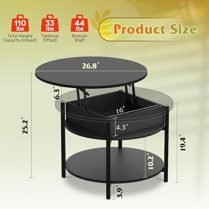 WLIVE Round Lift Top Coffee Table with Storage Shelf and Hidden Compartment, Farmhouse Small Coffee Table with 2 Tier for Living Room and Home Office, Black