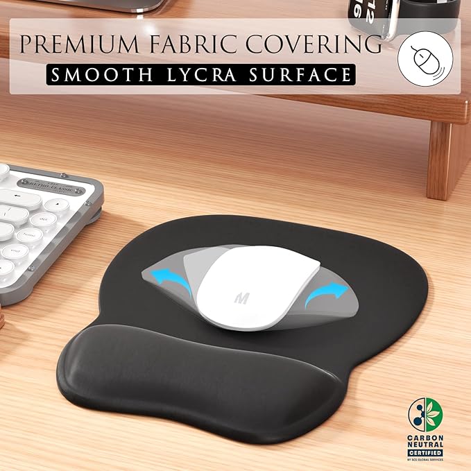 MROCO Ergonomic Mouse Pad with Gel Wrist Rest, 9.4 x 8.1 in, Black | Ergonomic Shape Design for Pain Relief, Cooling Feel Gel Cushioning for Wrist Comfort, Smooth Lycra Surface, Non-Slip PU Base