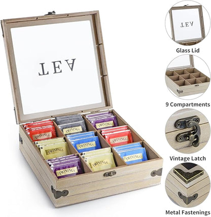 MOLIGOU Wood Tea Box Organizer, Tea Storage Chest with Glass Lid, 9 Compartments, Tea Bag Holder for Cabinet, Pantry
