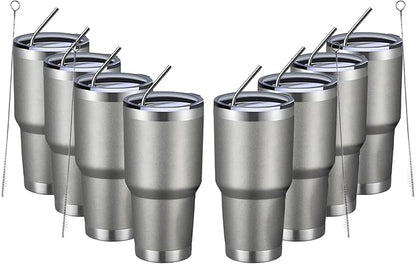 MEWAY 30oz Insulated Tumbler With Lids and Straws,Stainless Steel Double Vacuum Coffee Tumbler Cup, Brush, Durable Powder Coated Coffee Cup for Cold & Hot Drinks(Cold Grey,8 PACK)