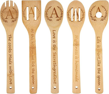 5PCS Initial Wooden Cooking Spoons Initial Letter Kitchen Decor Gifts Personalized Monogrammed Birthday Gifts for Women Mom Friend Housewarming Wedding Bamboo Cooking Spoons
