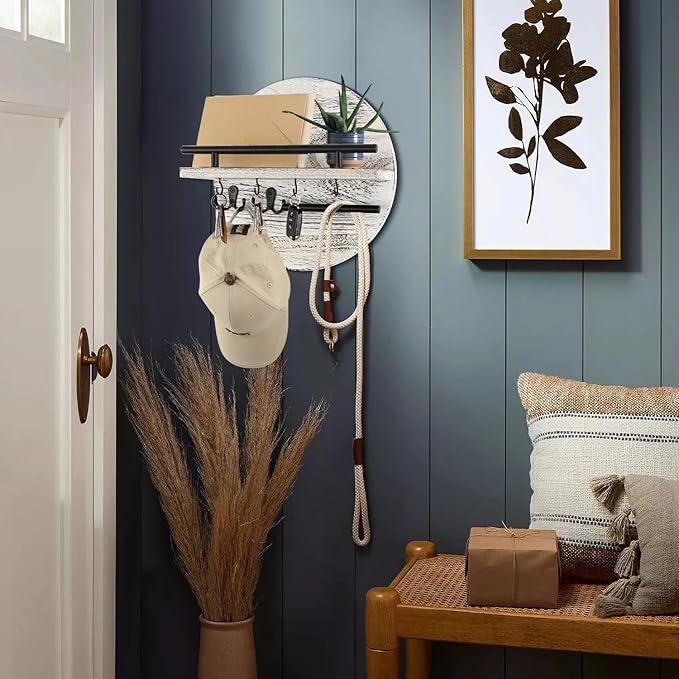 Key Holder for Wall with Shelf - Wood Mail Organizer and Rack with Shelf Hooks Wall Mounted for Entryway Decor Magazines Letter Storage Farmhouse Living Room Bedroom Doorway (White)