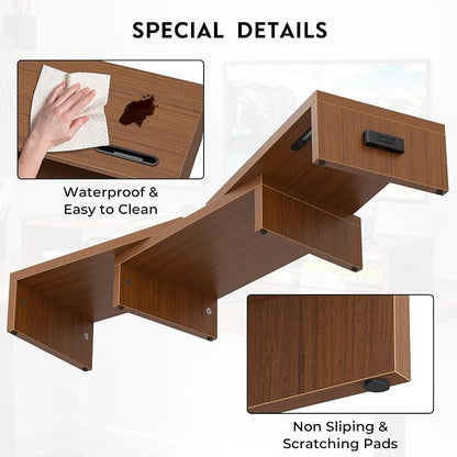 BONTEC Dual Monitor Stand Riser with Smartphone Holder, Adjustable Length & Swivel Angle, Ergonomic Wooden Desktop Organizer for PC Monitor, Laptop, Printer, Large Storage, Walnut