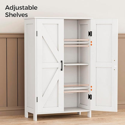 Homleke Farmhouse Bathroom Cabinet with Adjustable Shelves, Free-Standing Storage Cabinet with Barn Doors, for Kitchen, Living Room, Dining Room, Entryway, White