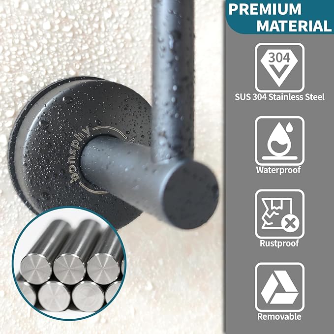 No-Drill Toilet Paper Holder Wall Mount - Removable Adhesive Suction Cup, 304 Stainless Steel, Multi-Function Hat Racks & Hand Towel Holder for Bathroom RV, 2 Pack, Matte Black
