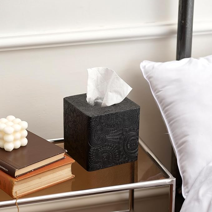 Square Tissue Box Cover Decorative,Napkin Dispenser,Facial Paper Holder for Bathroom Vanity Countertop,Bedroom Dresser,Night Stand, Desk, Office and End Table,Boho Flowers Black