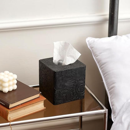 Square Tissue Box Cover Decorative,Napkin Dispenser,Facial Paper Holder for Bathroom Vanity Countertop,Bedroom Dresser,Night Stand, Desk, Office and End Table,Boho Flowers Black