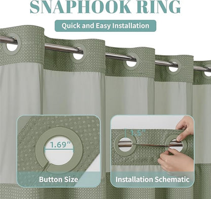 SageGreen No Hook Waffle Weave Shower Curtain with snap-in Liner Replacement, 230GSM Waterproof Fabric Hotel Shower Curtain Set for Bathroom, Through Mesh Top Window,71Wx77H