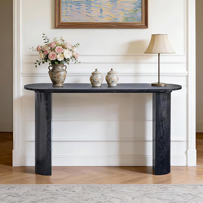55" Console Table for Entryway, Narrow Sofa Entrance Table with Faux Mars Marble Pattern, Modern Sofa Tables with Rounded Curved Edges for Living Room, Hallway, Foyer, Home Office, Black