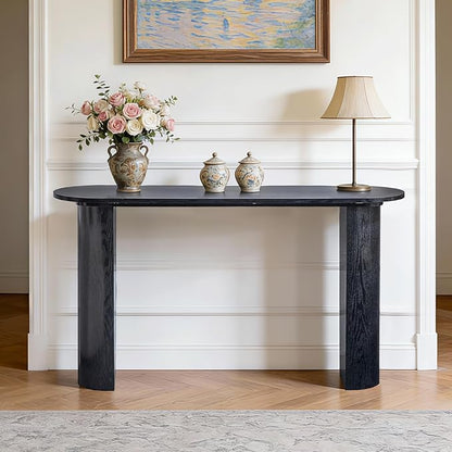55" Console Table for Entryway, Narrow Sofa Entrance Table with Faux Mars Marble Pattern, Modern Sofa Tables with Rounded Curved Edges for Living Room, Hallway, Foyer, Home Office, Black