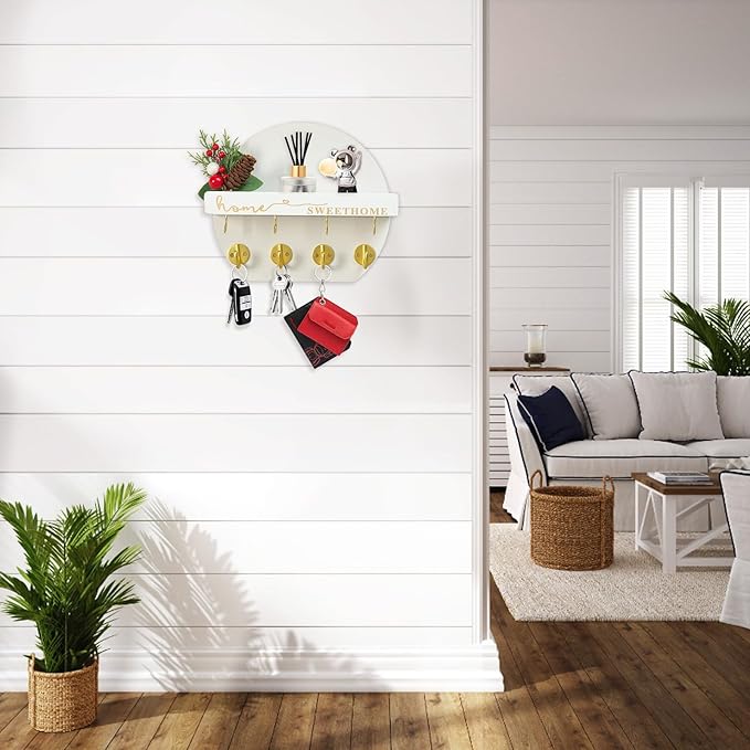 Key Holder for Wall, Key and Mail Holder Organizer - Key Holder Wall Mount with Bouquet Shelf and Key Hooks, Round Wooden Rustic Key Rack for Entryway and Home Decor (White)