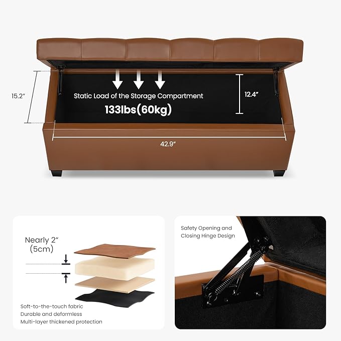 47.2" Ottoman with Storage, Storage Ottoman Bench with Safety Hinge,Tufted End of Bed Bench, Upholstered Entryway Bench for Bedroom, Living Room & Window (Brown-Upgraded Version)