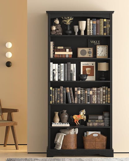 TVU 6-Tier Wooden Bookshelf, 76 Inch Tall Bookshelf with Storage, Floor Standing Modern Style Display Bookcase for Living Room, Office, Study Room, Entryway, Black