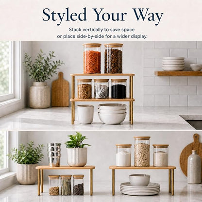 Ibyx Cabinet Organizer Set of 2 - Kitchen Pantry Organizers and Storage with Bamboo Top & Brass-Effect Metal Legs - for Kitchen Counter & Stackable Shelves for Cabinets with 22 lb Capacity - Natural
