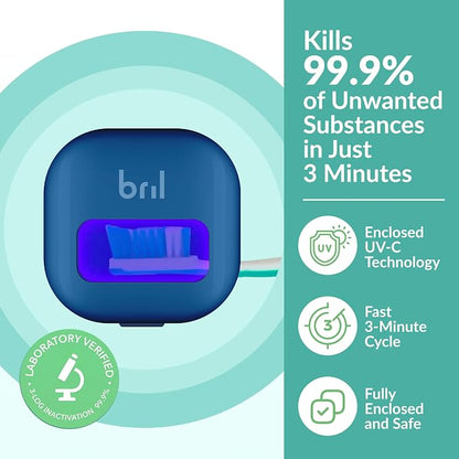 Bril UV-C Toothbrush Sanitizer and Holder – Wall Mounted, Rechargeable, 30-Day Battery, Magnetic Mount, Fits Electric and Manual Brushes, Portable Travel Case, Auto-Shutoff – Navy