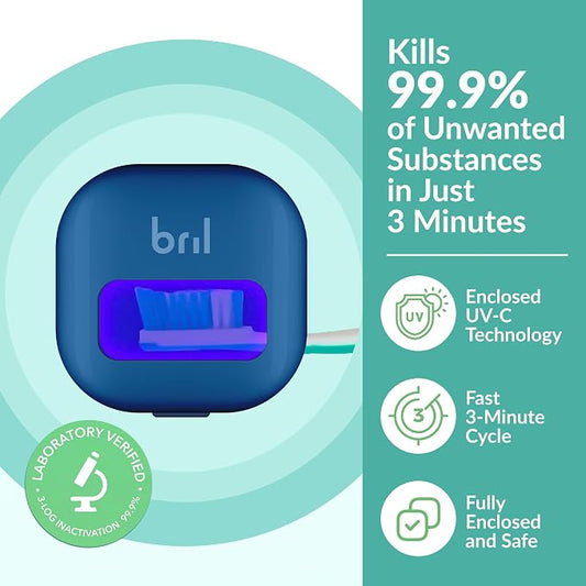Bril UV-C Toothbrush Sanitizer and Holder – Wall Mounted, Rechargeable, 30-Day Battery, Magnetic Mount, Fits Electric and Manual Brushes, Portable Travel Case, Auto-Shutoff – Navy