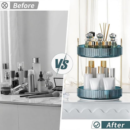 INVSSENE 360° Rotating Makeup Organizer, Bathroom Organizers and Storage Holder Rack, Large Capacity Vanity Shelf Countertop, Fits Cosmetics, Perfume, Skin Care(Blue, 2 Tiers)