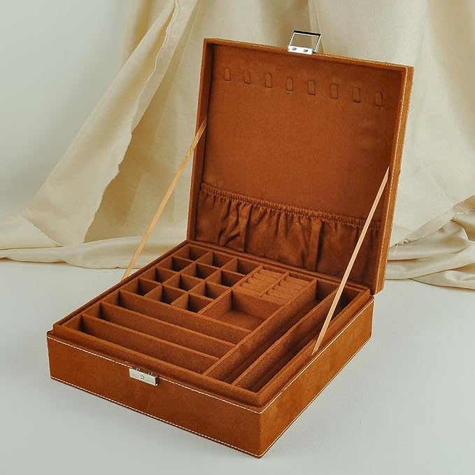 Jewelry Boxes 10 x 10 Inches 2-layer Handle Necklace Holder Organizer Jewellery Women Rings Storage Display Girls Earrings Case Lockable Jewelry Tray GY641 (Caramel)