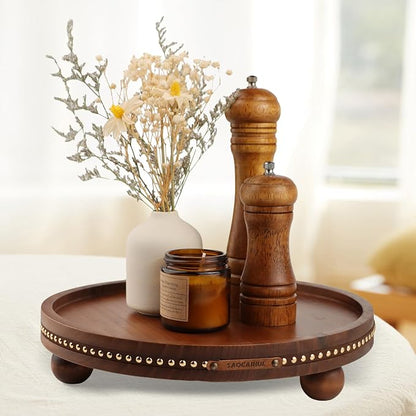 Farmhouse Decorative Round Tray, 11.81 Inch, Versatile Centerpiece Tray for Coffee Table Kitchen Living Room Bathroom, Home Decor Accent Brown Color