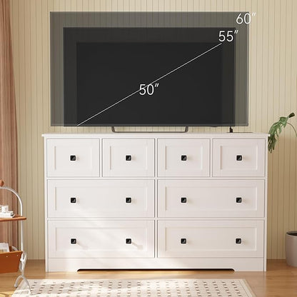 Dresser for Bedroom with Power Outlets Wide Chest of Drawers with 8 Drawers Modern Wooden Dressers with Metal Handle Large Closet Store Organizer for Bedroom Living Room Hallway Closet White