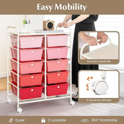 LDAILY 10 Drawer Rolling Cart, Storage Cart Organizer on Wheels, Drawer Cart with Metal Frame & Large Storage Capacity, Rolling Cart with Drawers for Living Room Classroom, Office