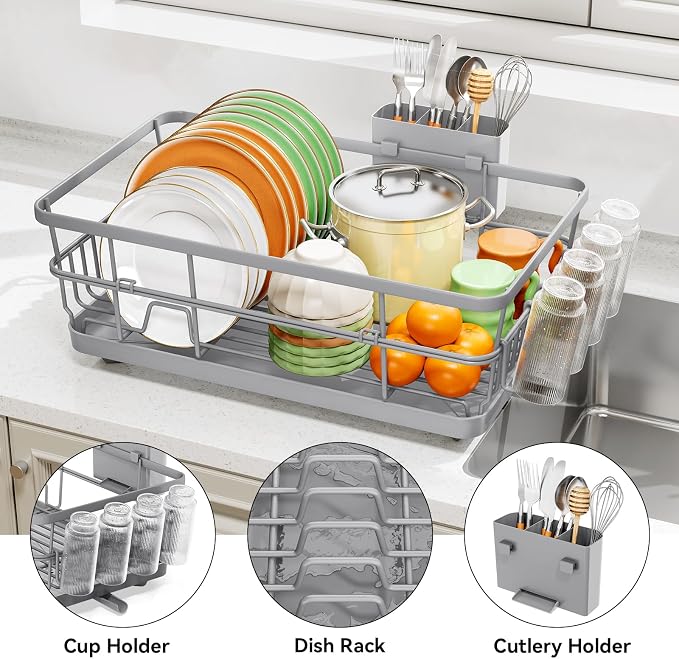 TOOLF Dish Drying Rack, Dish Racks for Kitchen Counter, Stainless Steel Sink Organization and Storage Essentials with Cutlery Holder, Dish Drainer, Home and Apartment Decor, 12.4''W x 16.5''L, Gray