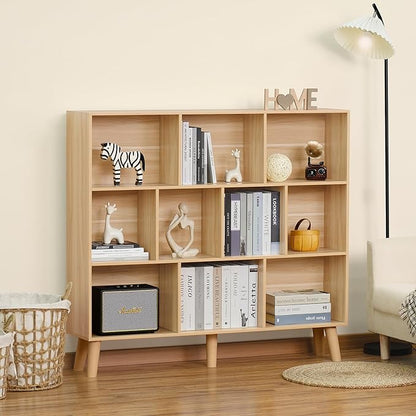 LEYAOYAO 10 Cube Bookshelf,3 Tier Modern Wide Bookcase with Legs,Mid-Century Wood Bookshelves Storage，Natural Large Book Case,Freestanding Organizer Display Shelf for Bedroom,Living Room,Office