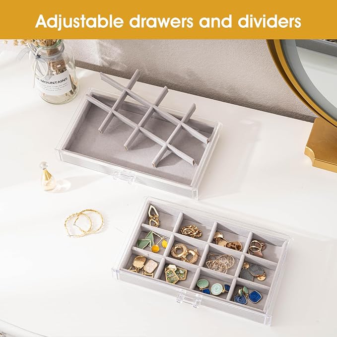 ProCase Earring Holder Organizer Jewelry Box with 8 Drawers, Acrylic Clear Earring Case with Adjustable Velvet Trays for Women - Grey, 8 Layers