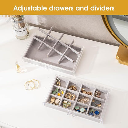 ProCase Earring Holder Organizer Jewelry Box with 8 Drawers, Acrylic Clear Earring Case with Adjustable Velvet Trays for Women - Grey, 8 Layers