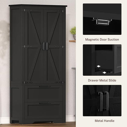 TEENFON 66.2" H Storage Cabinet, Farmhouse Kitchen Pantry Cabinet with 2 Drawers & Adjustable Shelf, Bathroom Cabinet, for Living Room, Kitchen, Bathroom, Black