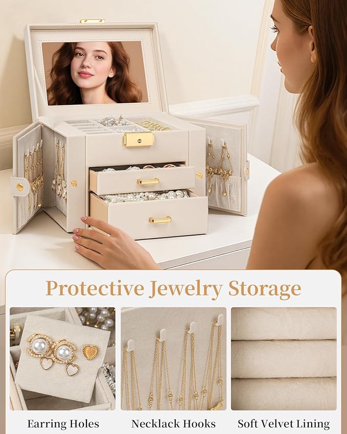 TORIBIO Jewelry Box for Women, Leather Jewelry Organizer with Mirror & Lock, 3-Tier Jewelry Storage Organizer with 2 Drawers for Girls/Women/Mothers, Necklace Earring Bracelets Holder Organizer