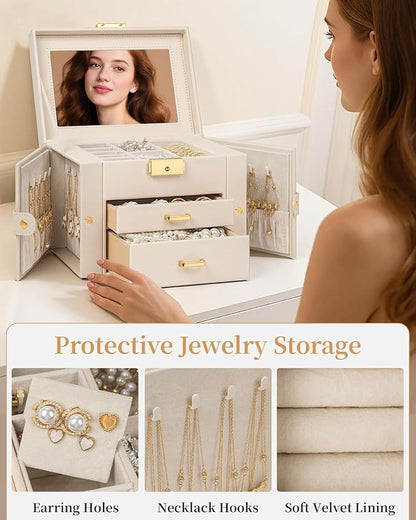 TORIBIO Jewelry Box for Women, Leather Jewelry Organizer with Mirror & Lock, 3-Tier Jewelry Storage Organizer with 2 Drawers for Girls/Women/Mothers, Necklace Earring Bracelets Holder Organizer