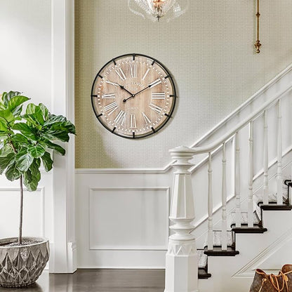 MODE HOME Large Farmhouse Wall Clock, 24 Inch Rustic Wooden Wall Clock Decorative with Metal Circle and Engraved Numerals, Silent Battery Operated for Kitchen Bedroom Living Room Fireplace Mantel