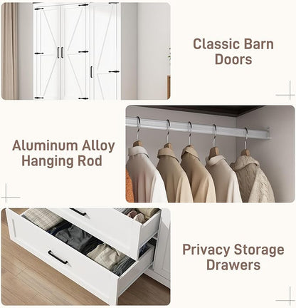 3 Doors Wardrobe Armoire Closet with Doors and Drawers, Farmhouse Wooden Armoire Storage Cabinet with Shelves & Hanging Rod for Bedroom, White