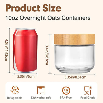 Moretoes 6 Pack Overnight Oats Containers with Lids, 10oz Glass Storage for Dry Food, Jars with Lids for Yogurt & Salad, Portable for Picnic & Lunch, Transparent Square Design for Kitchen Pantry Jars