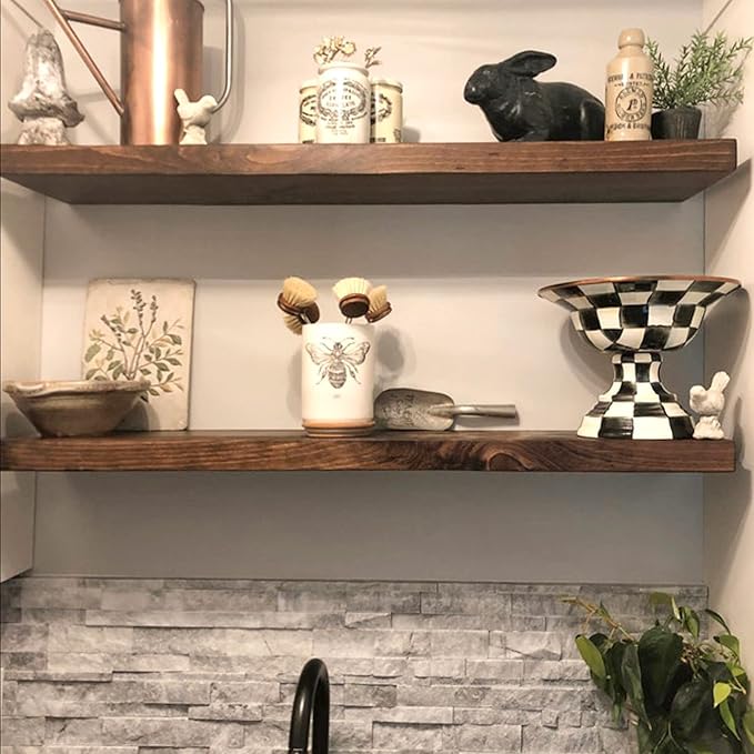 URBANDI, Rustic Floating Shelves, Set of 2, Hidden Bracket, Solid Wood, Heavy Duty, Wall Mounted Shelves, (Dark Brown, 12Wx8D)