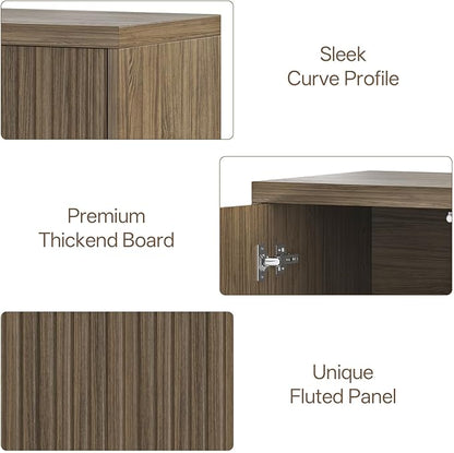 31” Sideboard Cabinet with Storage, Fluted Accent Cabinet with Adjustable Shelves, Modern Wood Credenza Cabinets with Pop-up Doors for Entryway Kitchen Living Room Hallway, Brown