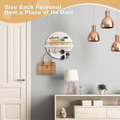 Key Holder for Wall, Key and Mail Holder Organizer with - Key Holder Wall Mount - Round Wooden Rustic Home Decor for Entryway, Mudroom, Hallway, Kitchen Office (White)