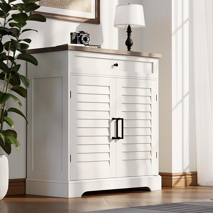 ChooChoo Farmhouse Shoe Cabinet with Doors, 4-Tier Shoe Storage Cabinet with Drawer and Shelves, Wooden Shoe Rack Organizer for Entryway, Hallway, Closet, White