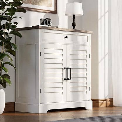 ChooChoo Farmhouse Shoe Cabinet with Doors, 4-Tier Shoe Storage Cabinet with Drawer and Shelves, Wooden Shoe Rack Organizer for Entryway, Hallway, Closet, White