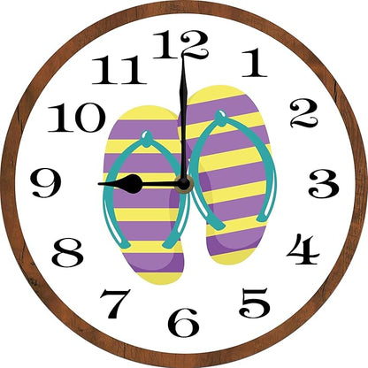 Flip Flops Wall Clock 10 Inch Silent Non Ticking Battery Operated Wooden Modern Office Simple Minimalist Clock Decorative for Kitchen Home Bathroom Living Room
