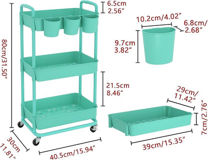 JIUYOTREE 3-Tier Plastic Rolling Storage Cart Utility Cart with Extra Hanging Cups Handles Lockable Wheels for Living Room Bathroom Kitchen Office Green