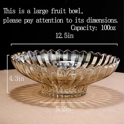 Glass Fruit Bowl or Decorative Bowl, used for Kitchen counter or living room center table decoration, 12.5 inch Fruit Bowl or Center Bowl (Amber)