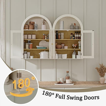 BREEZEHEAT Bathroom Medicine Cabinet Wall Mounted-Over The Toilet Storage Cabinet-Arched Wall Cabinet with Glass Doors & Adjustable Shelves, Wood Cabinet for Laundry Room, Kitchen, Living Room, Beige