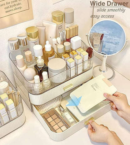 Makeup Organizer With Stackable Drawer, Cosmetic Storage Display Case for Vanity, Bathroom Countertop or Dresser,Counter top Holder for Lipstick, Brushes, Lotions, Eyeshadow, Nail Polish