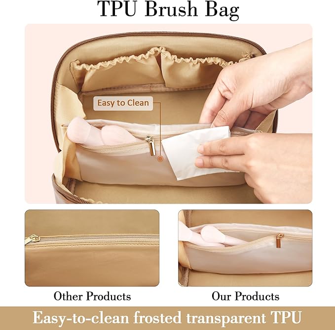 Valentine's Day Gifts for Women Teen Girl, Personalized Initial Makeup Organizer Bag Set, Open Flat Travel Cosmetic Bag With Clear Divider and Handle(Brown,S)